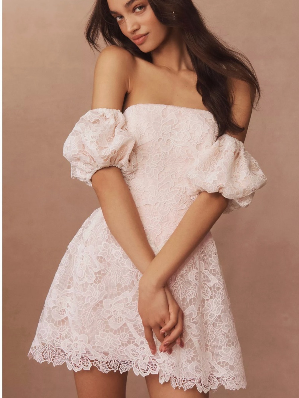 Anthropology Off-Shoulder Lace Mini Dress in Blush Pink with White Lace Overlay